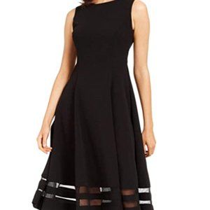 Calvin Klein Crew Neck Sleeveless Sheer Illusion Hem Crepe Fit and Flare Dress